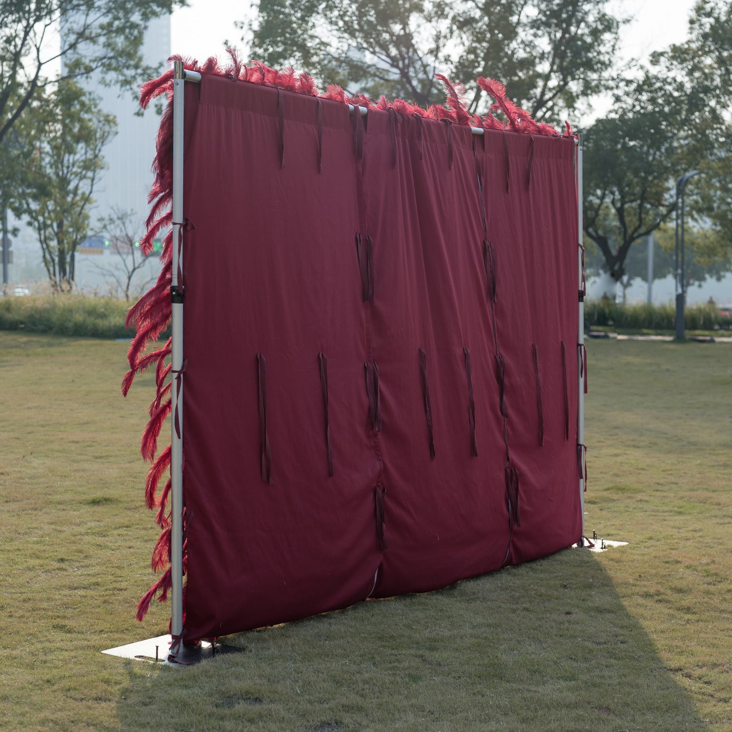 This elegant outdoor backdrop features a sleek, deep burgundy fabric stretched over a silver metal frame, adorned with cascading fringes of rich burgundy ostrich feathers along its top and left edges. Set on a sunlit green lawn, framed by trees and modern buildings, it creates a sophisticated, romantic focal point for proposals, weddings, or upscale events, blending plush texture with clean, contemporary structure.
