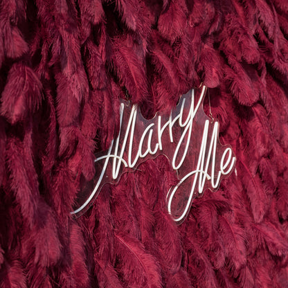 This intimate close-up features a sleek, clear acrylic “Marry Me” sign, its elegant white cursive script contrasting beautifully against a lush backdrop of deep burgundy ostrich feathers. The plush, velvety texture of the feathers creates rich depth and warmth, elevating this romantic detail into an opulent, intimate focal point for a proposal or engagement moment.
