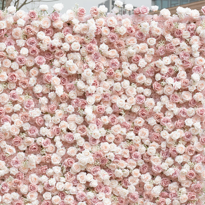 This close-up showcases Valar Flowers’ premium blush pink and white artificial flower wall, featuring a lush gradient of roses, peonies, and delicate filler blooms. The dense, layered arrangement creates a romantic, timeless aesthetic with soft, realistic petals. Maintenance-free and durable, this elegant backdrop is ideal for weddings, photo booths, and luxury events, offering a dreamy, soft-toned look perfect for professional styling.