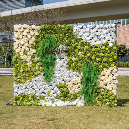 This is a premium green and white artificial flower wall backdrop by Valar Flowers, featuring a lush nature-inspired design with vibrant green hydrangeas, ivory roses, crisp white blooms, and cascading foliage. The custom "ValarFlowers" logo sign adds a personalized touch. This reusable, maintenance-free floral display creates a fresh, elegant focal point, ideal for outdoor weddings, garden parties, photo booths, and luxury events, offering long-lasting beauty for professional decor.