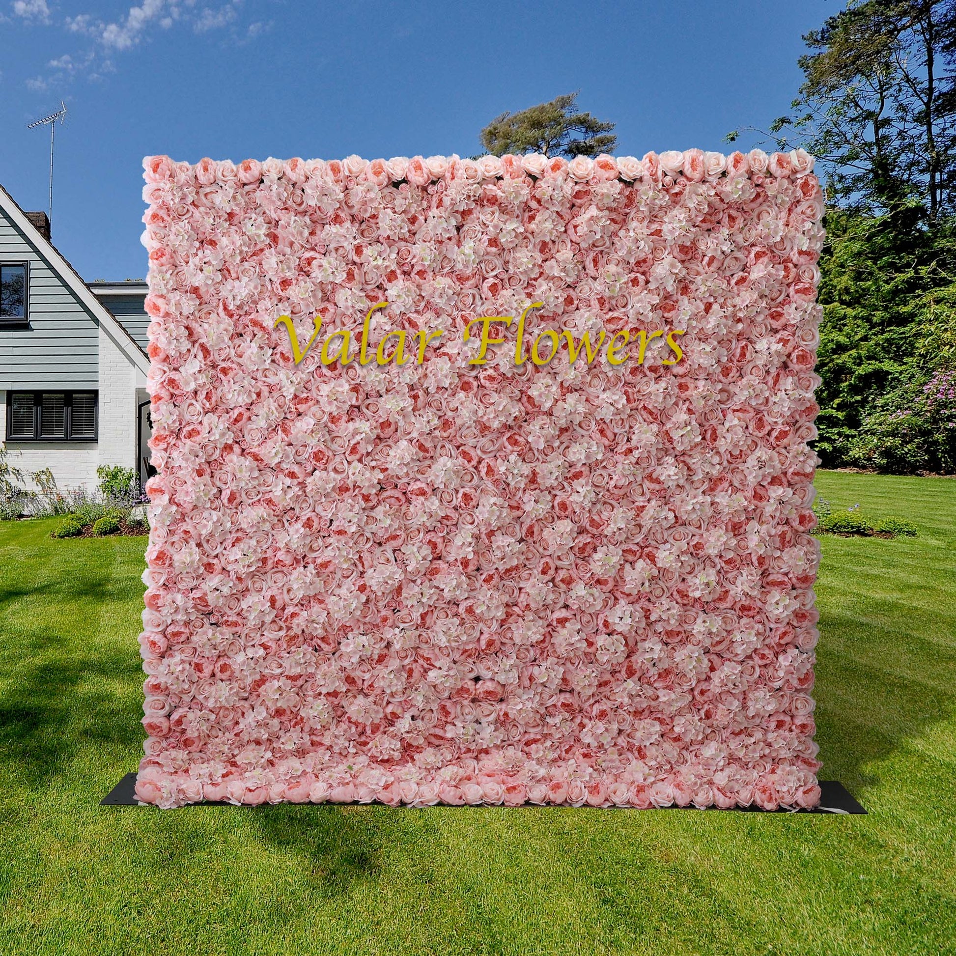 ValarFlowers artificial rose wall with chestnut and fog pink silk flowers, dense floral backdrop for wedding ceremony and event photography