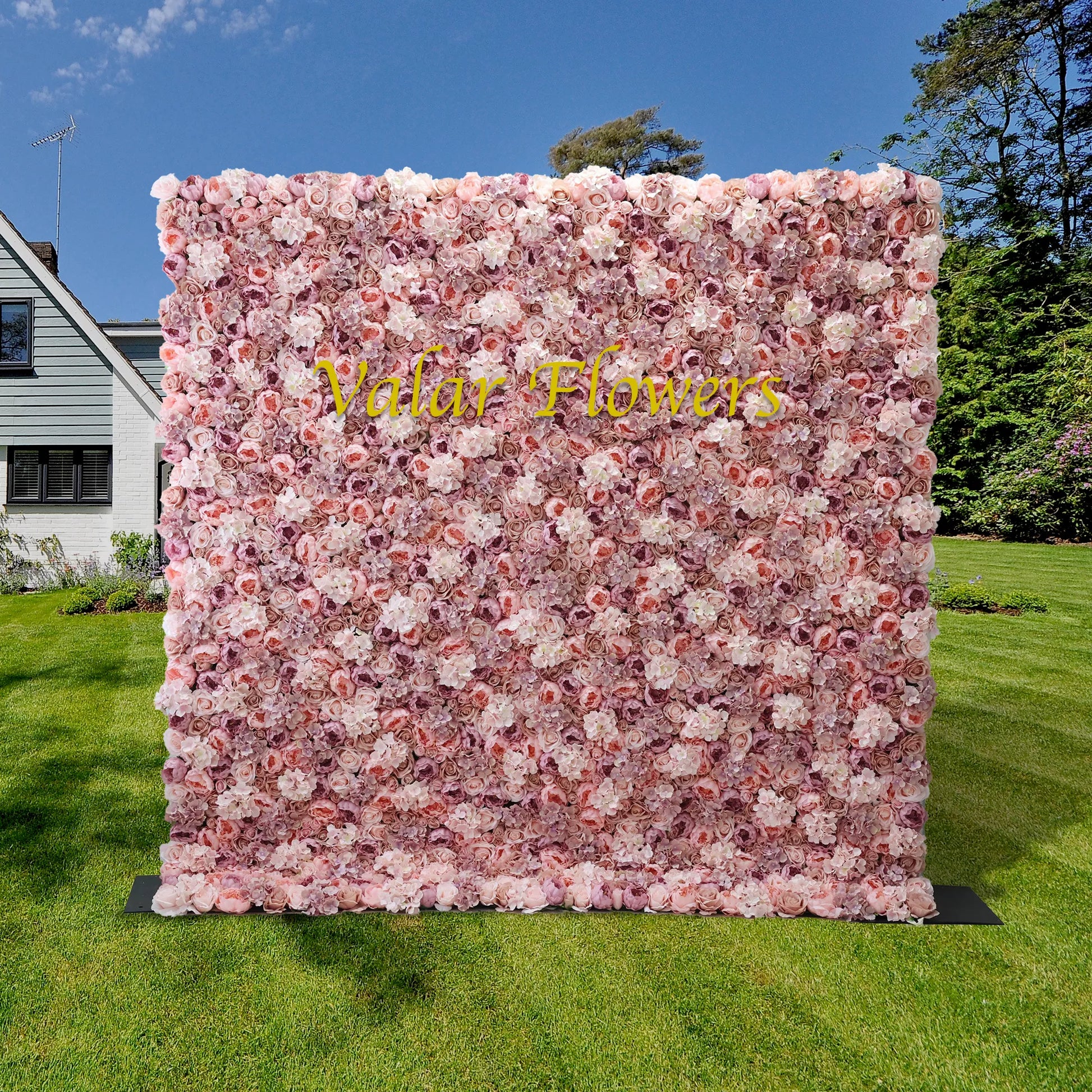 ValarFlowers luxury artificial flower wall backdrop with dense pink roses peonies hydrangeas silk floral panel for wedding party photo booth event decor
