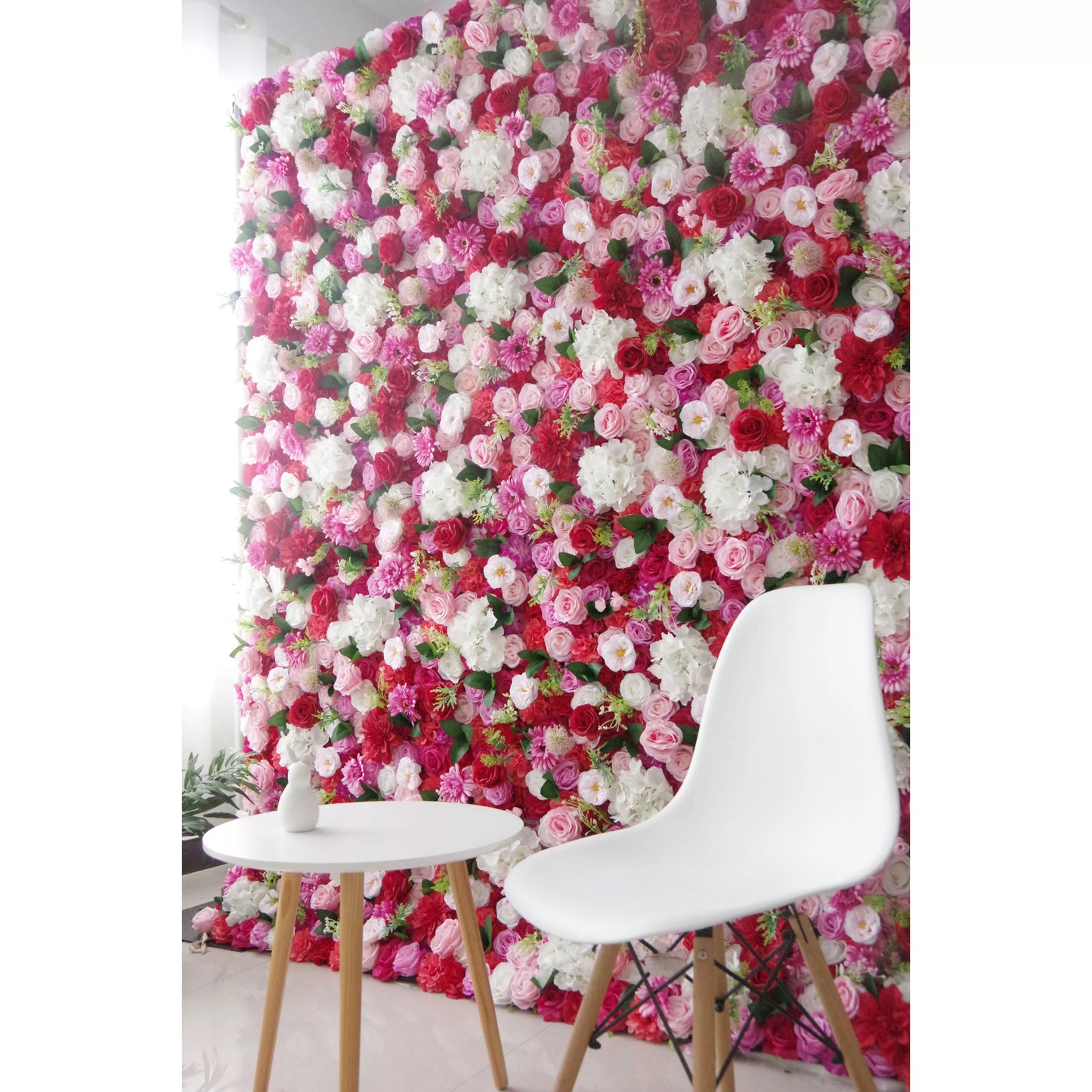 ValarFlowers artificial rose wall backdrop in red white pink with greenery, luxury wedding party photo booth decor