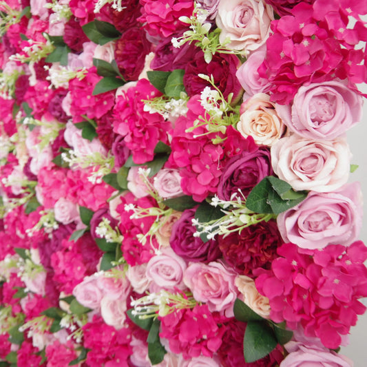 ValarFlowers faux flower wall panel with cerise dull pink roses peonies hydrangeas for wedding party photo booth backdrop