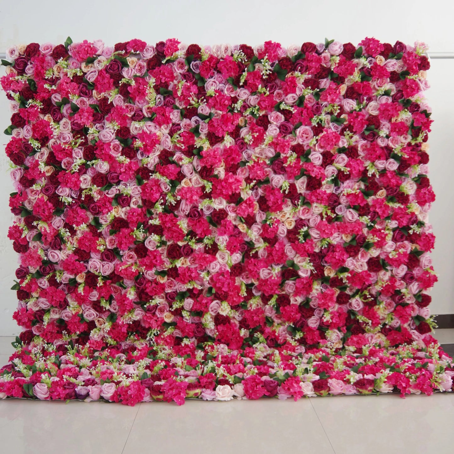 ValarFlowers artificial flower wall backdrop with mixed cerise pink and dull pink roses, peonies, hydrangeas, greenery for wedding, event decor, photo booth