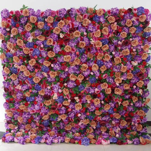 ValarFlowers artificial flower wall backdrop with pale purple and brownish pink faux roses, dense floral panel for wedding party decor