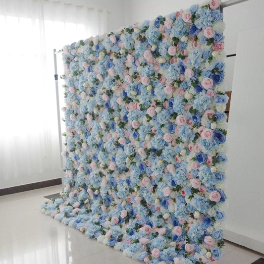 ValarFlowers baby blue pink white floral wall backdrop with roses peonies hydrangeas for wedding ceremony photo booth event decor