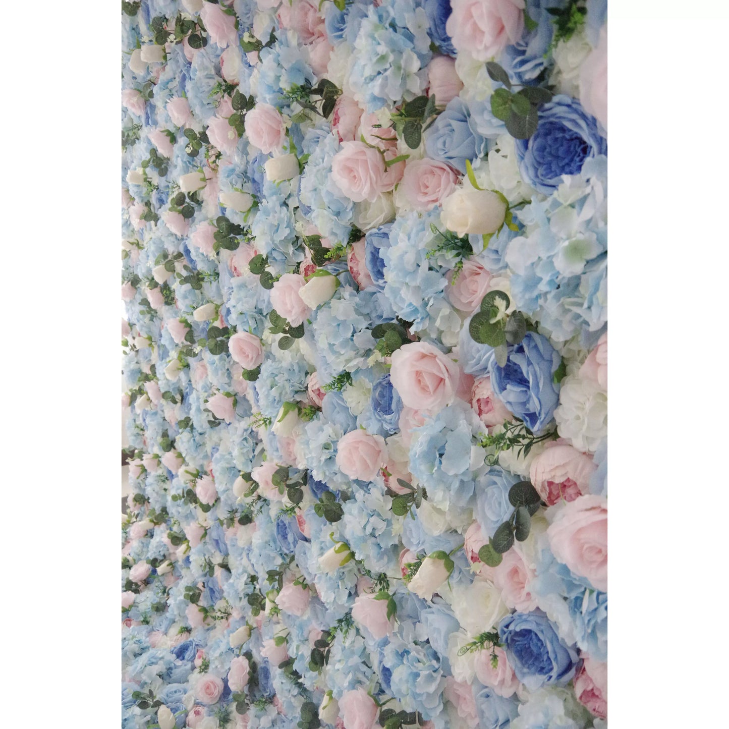 ValarFlowers artificial flower wall backdrop with lush silk roses peonies hydrangeas in white pink blue for wedding event photo booth decor