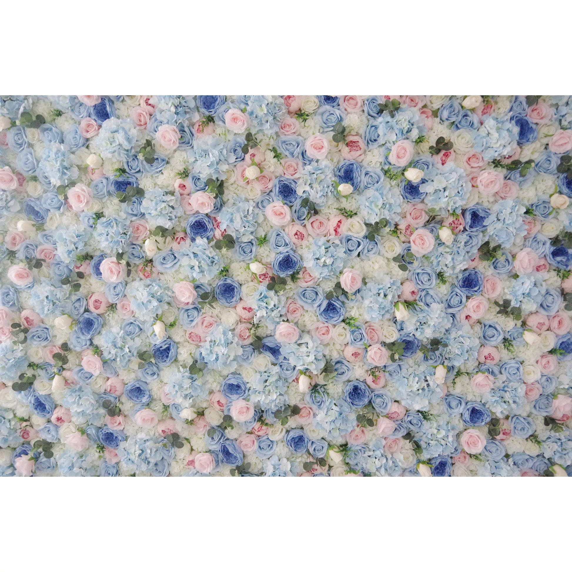 ValarFlowers artificial flower wall backdrop with baby blue pink white roses peonies hydrangeas lush greenery for wedding party photo booth decor