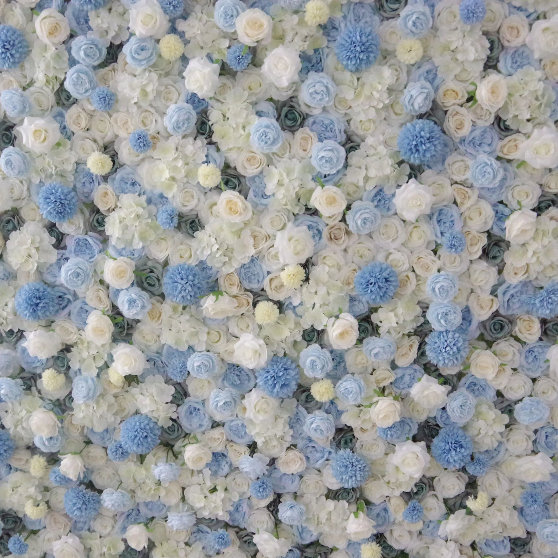 ValarFlowers artificial flower wall backdrop in baby blue and white with roses peonies hydrangeas for wedding party photo booth