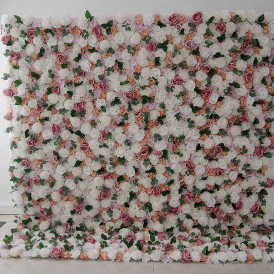 ValarFlowers artificial rose wall backdrop with mixed white pink roses and greenery for wedding party photo booth decor