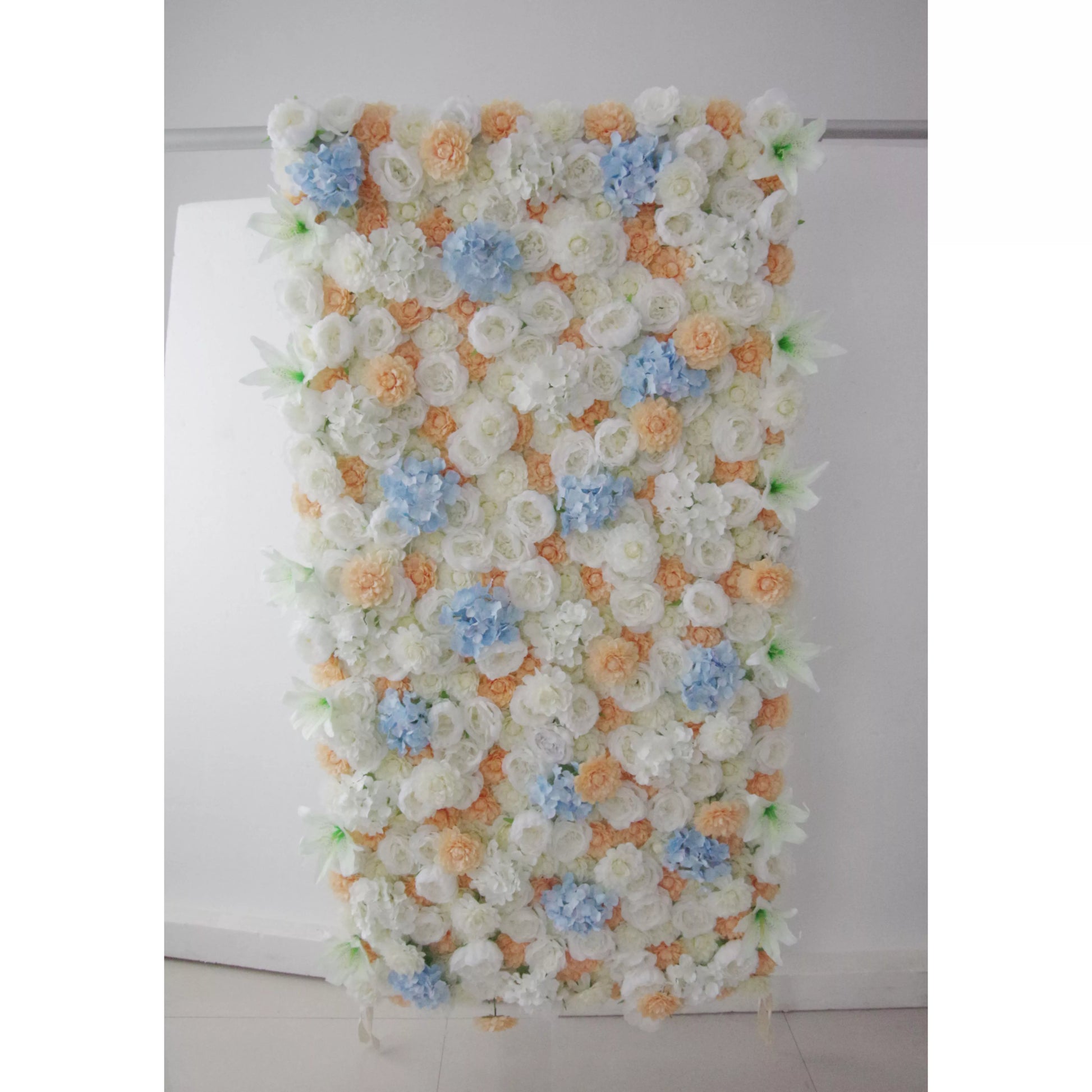 ValarFlowers artificial flower wall backdrop with orange, white, baby blue roses, peonies, hydrangeas for wedding, party, photo booth, event photography decor