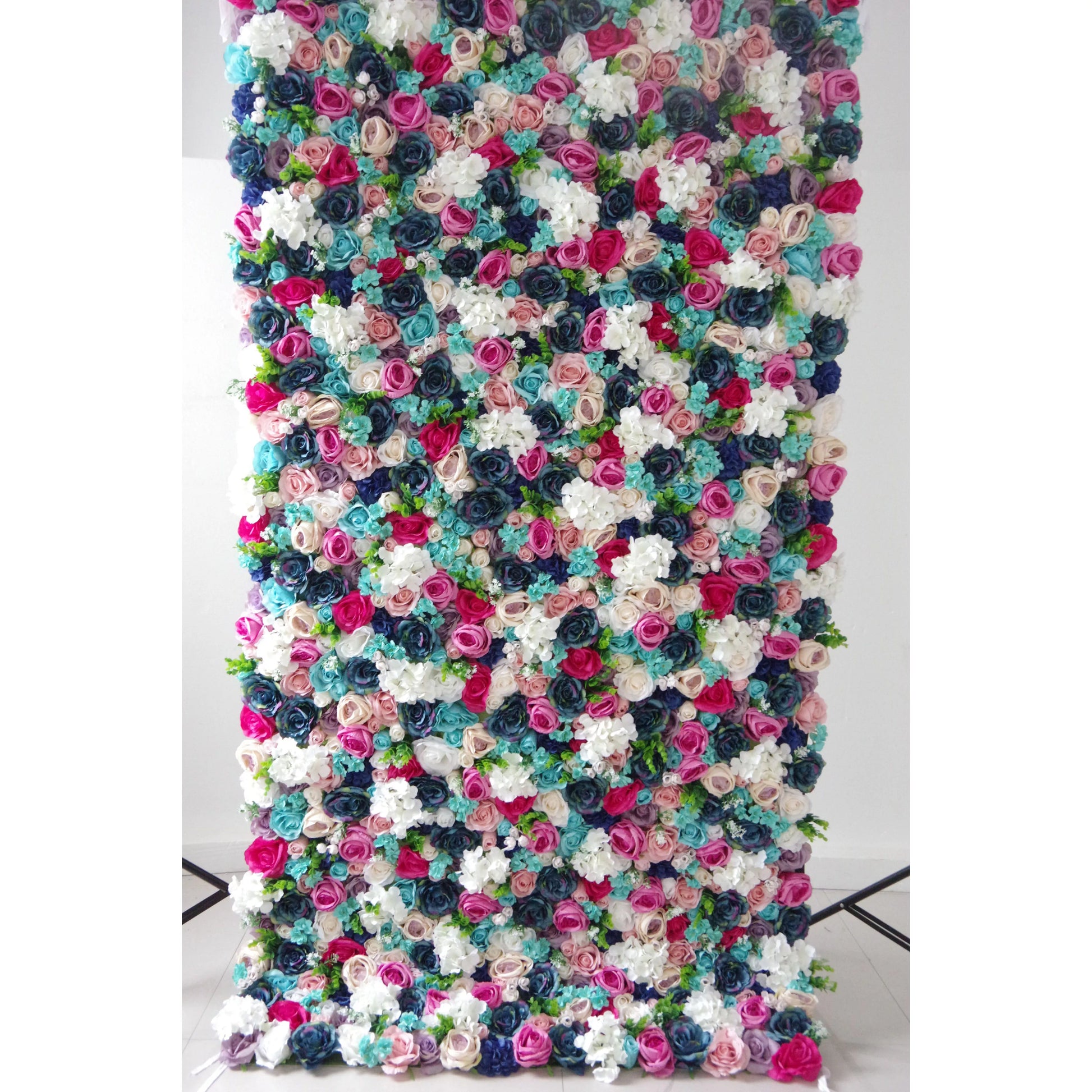 ValarFlowers luxury artificial flower wall backdrop with lush purple white rose red blue hydrangeas for wedding and event photography