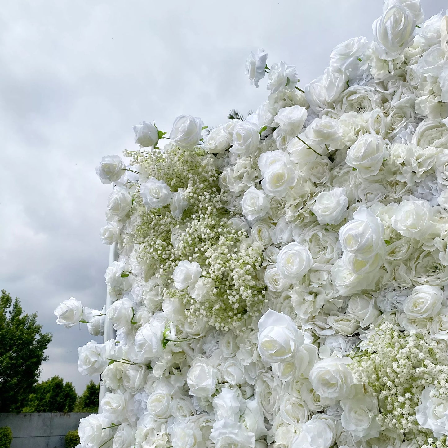 ValarFlowers elegant white and green artificial flower wall backdrop with roses peonies hydrangeas and lush greenery - perfect wedding backdrop and event decor