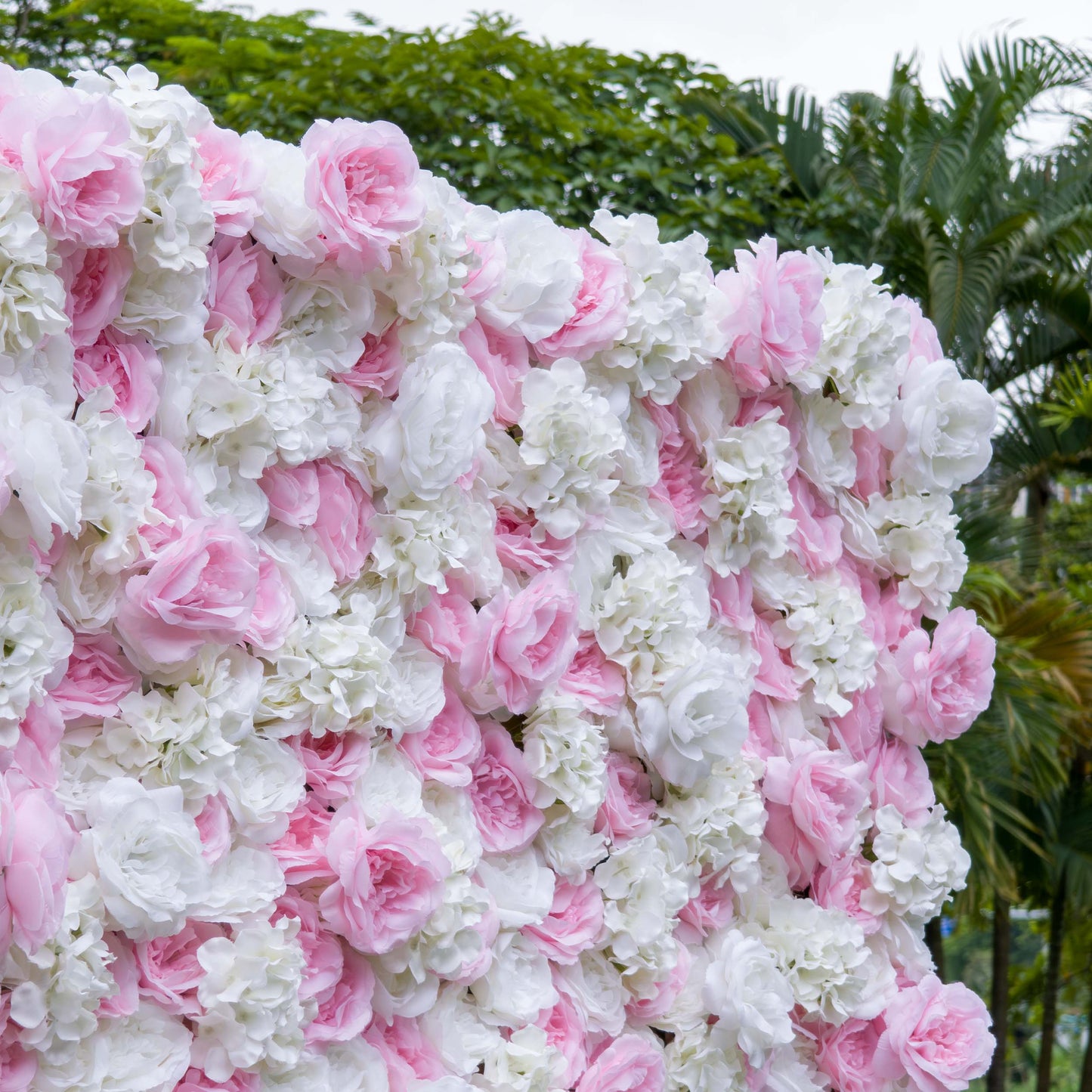 ValarFlowers pink and white artificial flower wall backdrop with roses peonies hydrangeas for wedding and event decor