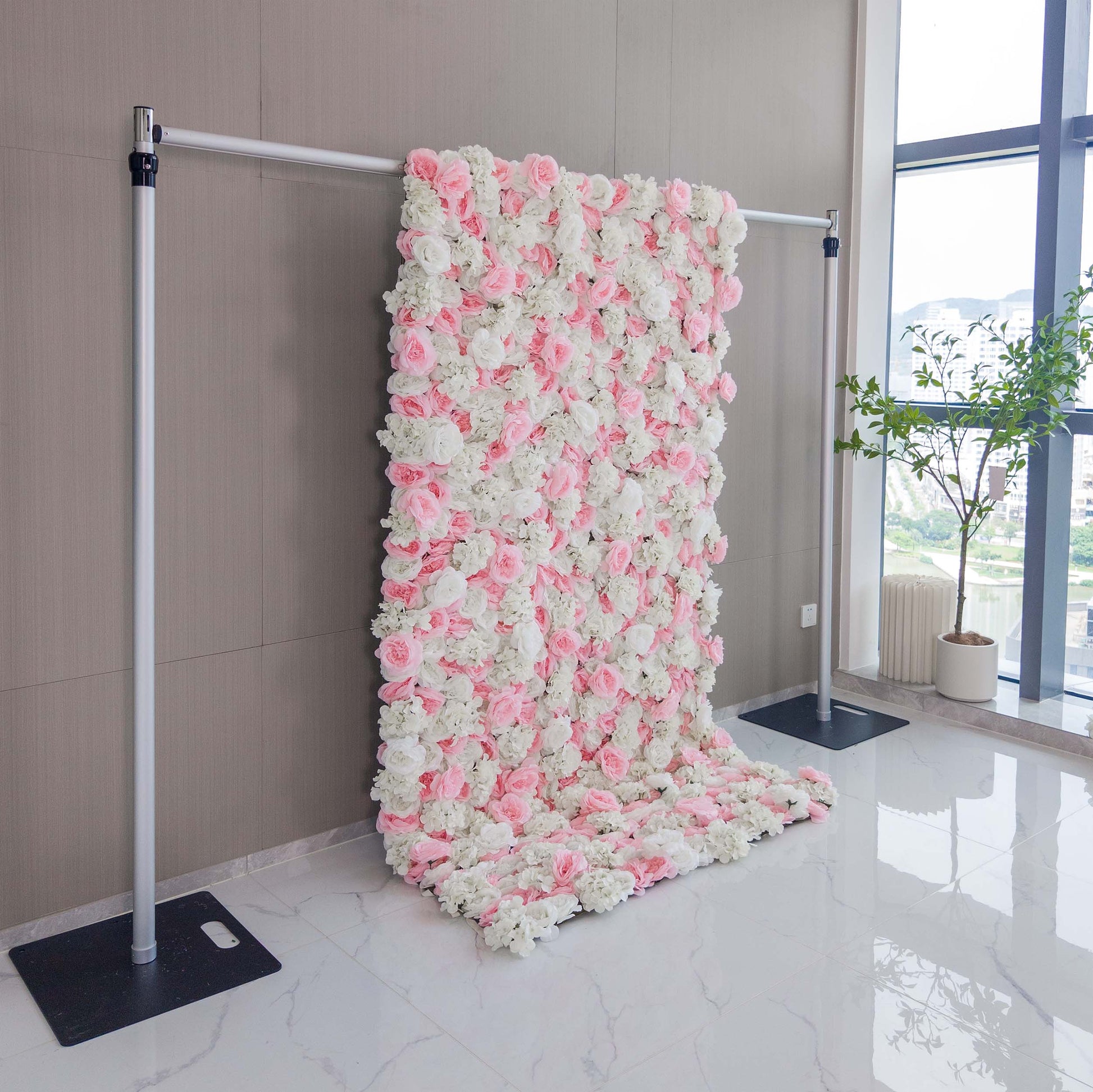 ValarFlowers pink and white artificial flower wall backdrop with roses peonies hydrangeas and greenery for wedding and event decor