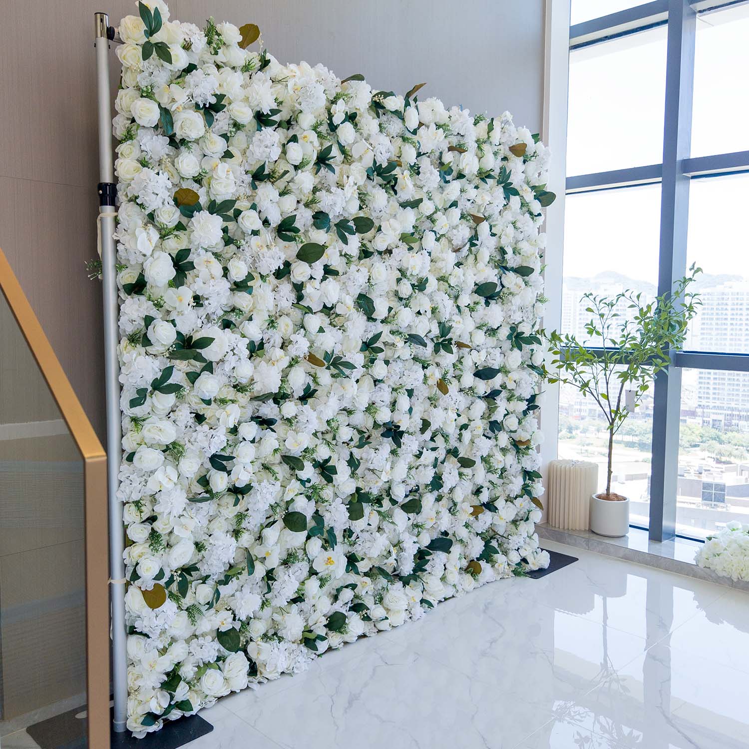 ValarFlowers luxury artificial flower wall backdrop with lush peonies roses hydrangeas in blush pink white greenery for wedding photo booth decor