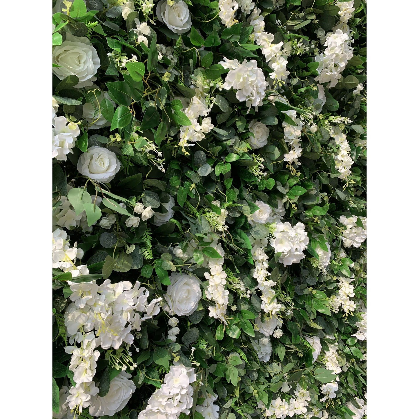 ValarFlowers white artificial flower wall backdrop with roses, peonies, vivid greenery for wedding, party, photo booth event decor