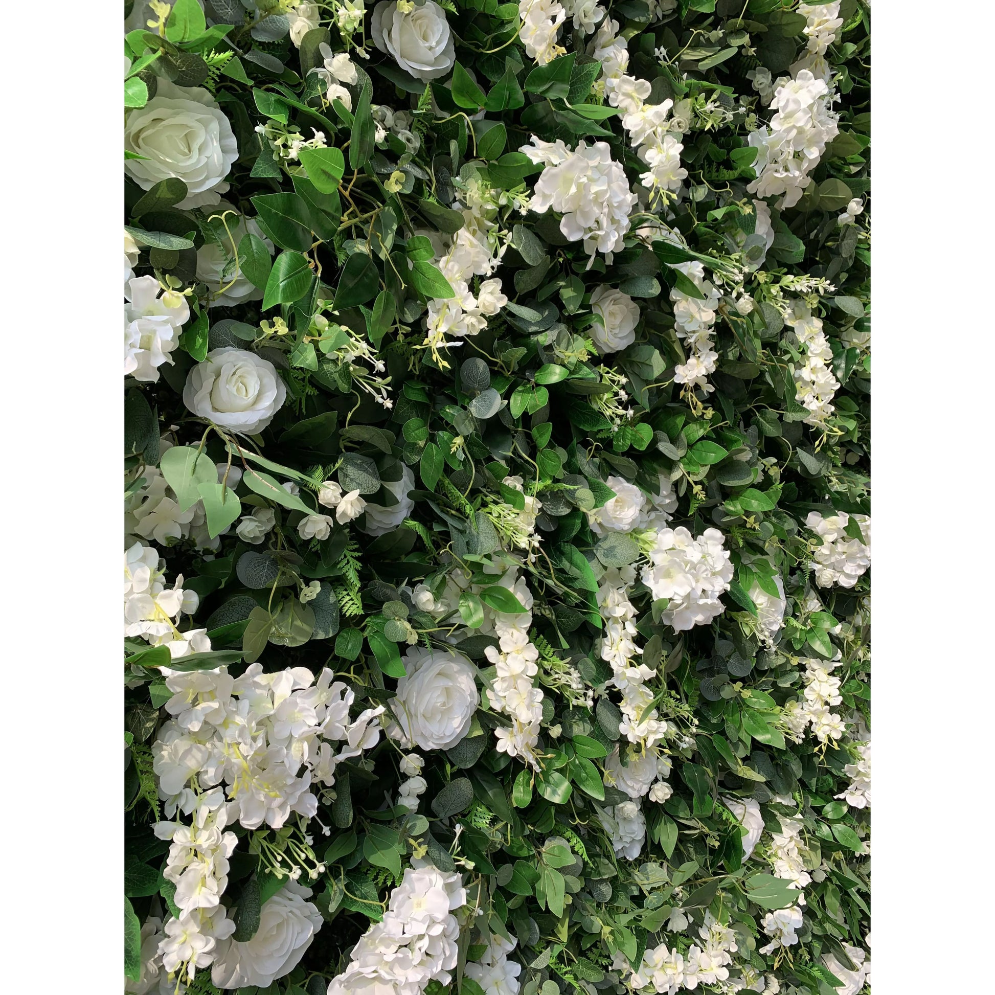 ValarFlowers white artificial flower wall backdrop with roses, peonies, vivid greenery for wedding, party, photo booth event decor