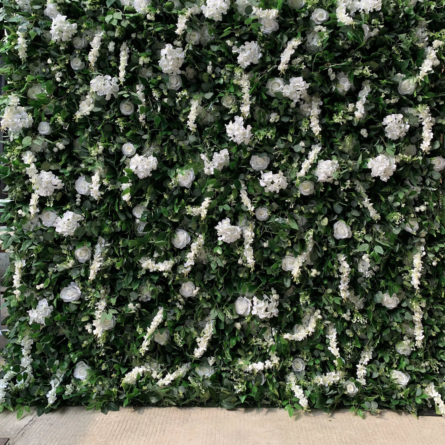 ValarFlowers artificial white flower wall backdrop with vivid green leaves for wedding, party, photo booth decor