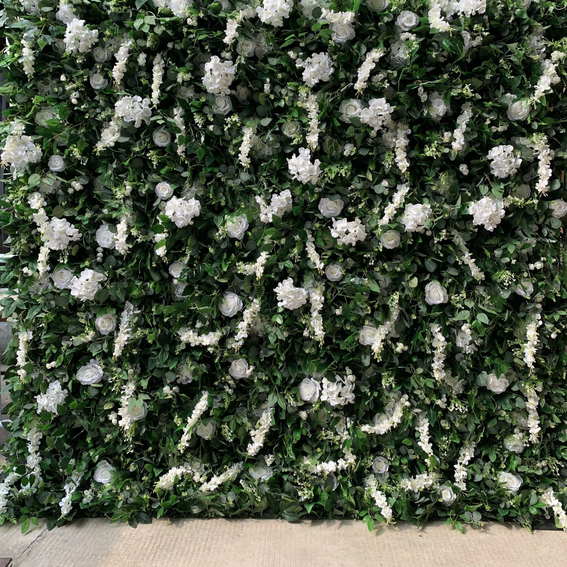 ValarFlowers artificial white flower wall backdrop with vivid green leaves for wedding, party, photo booth decor