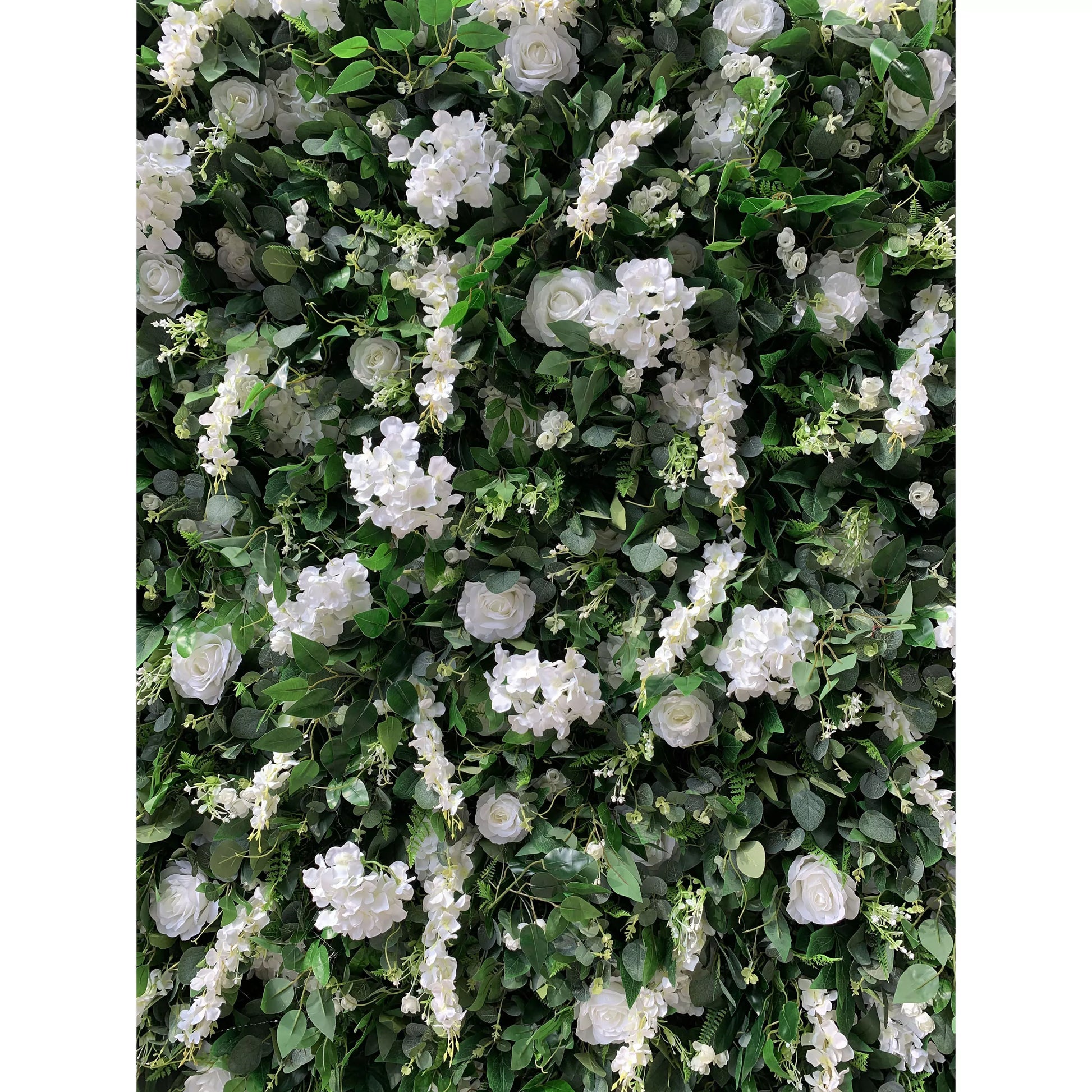 ValarFlowers white silk flower wall panel with hydrangeas and greenery for wedding ceremony, party, photo booth backdrop
