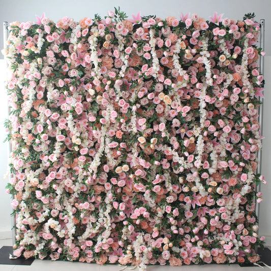 ValarFlowers luxury artificial flower wall panel with lush roses, peonies, hydrangeas in soft pink and ivory - perfect faux backdrop for wedding, party, photo booth, bridal shower decor