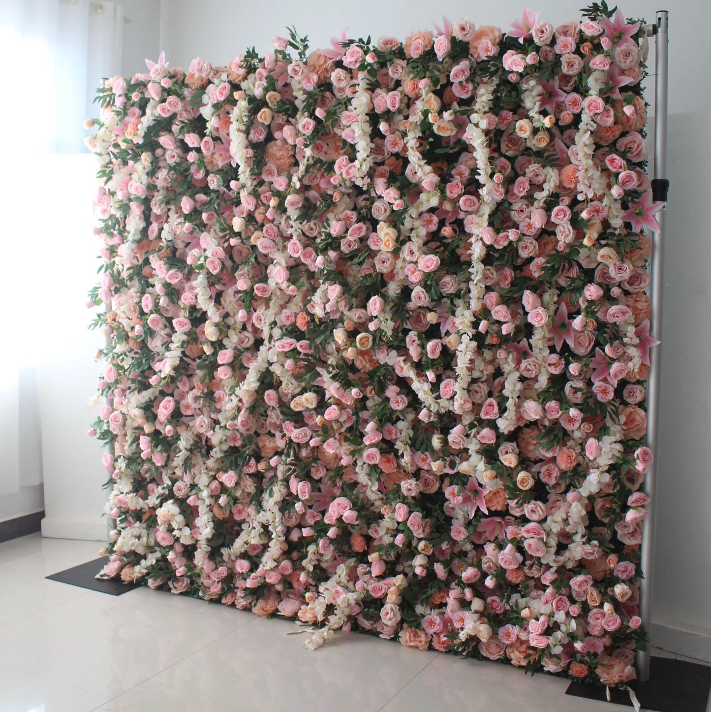 ValarFlowers silk flower wall with lush roses, peonies & hydrangeas in pink, ivory & greenery - perfect wedding backdrop & party decor