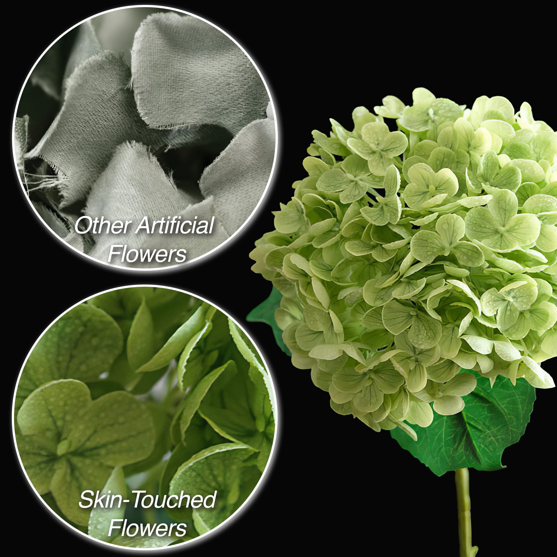 This image showcases a green artificial hydrangea, highlighting its texture advantage. “Skin - Touched Flowers” have a realistic, soft feel, contrasting with the rough “Other Artificial Flowers”. The lifelike petals and leaves make this hydrangea ideal for decor, blending beauty and tactile authenticity. 