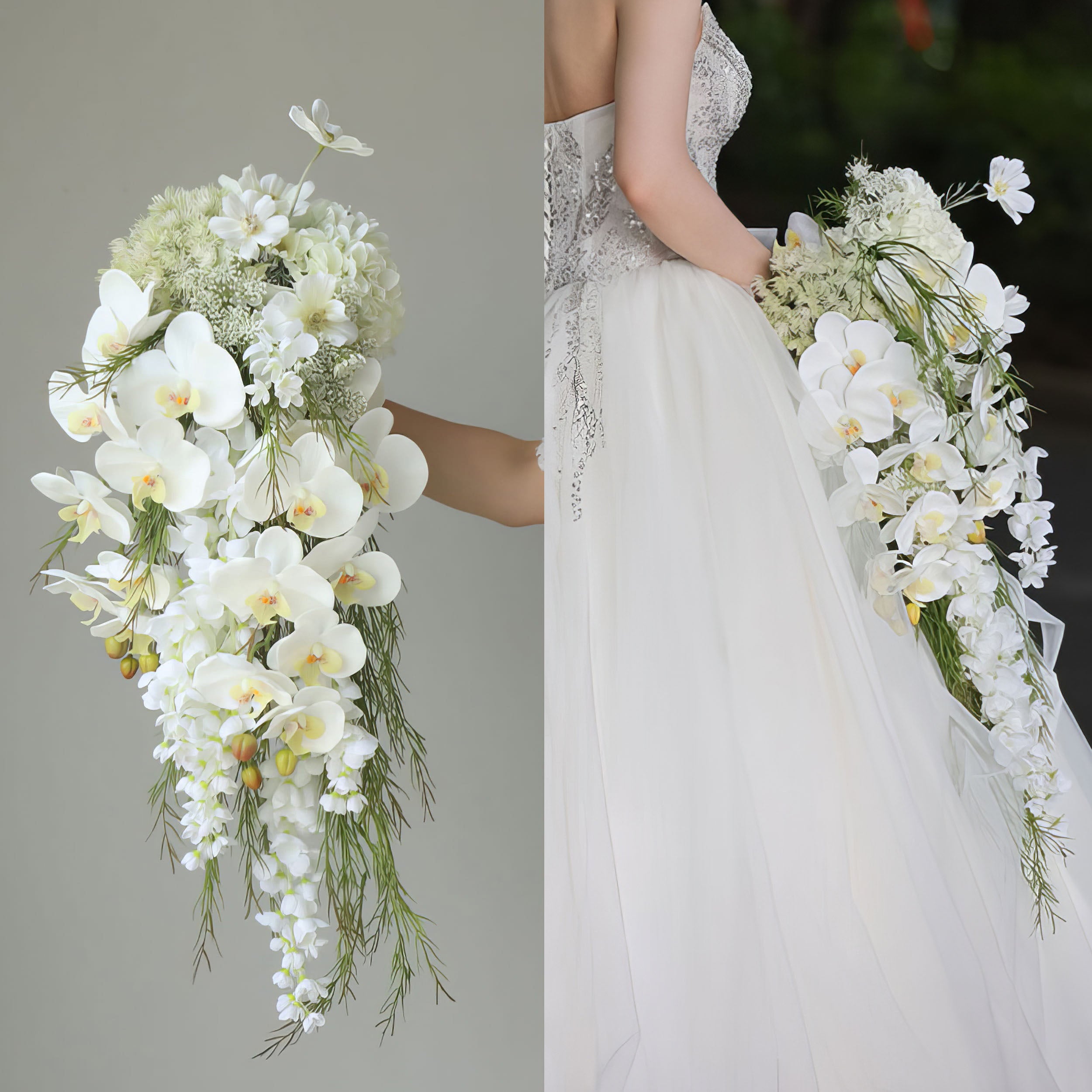 Elegant Cascading Bridal Bouquet with White Orchids and Greenery