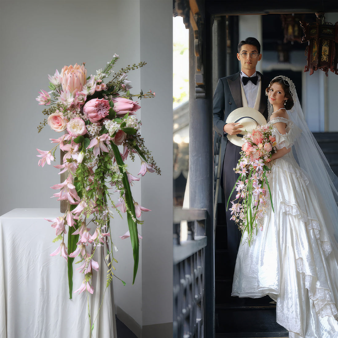 An elegant artificial cascading floral arrangement featuring white orchids and other blooms, displayed as a bridal bouquet. The arrangement is seen both in isolation and held by a couple at their wedding.