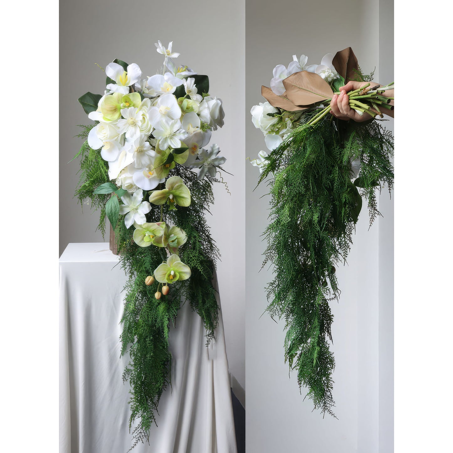 These are two cascading bridal bouquets. One has white and green orchids, roses, with trailing greenery. The other features white blooms, large brown leaves, and abundant ferns. Both have flowing designs, ideal for adding elegance to weddings, showcasing different floral and foliage combinations. 