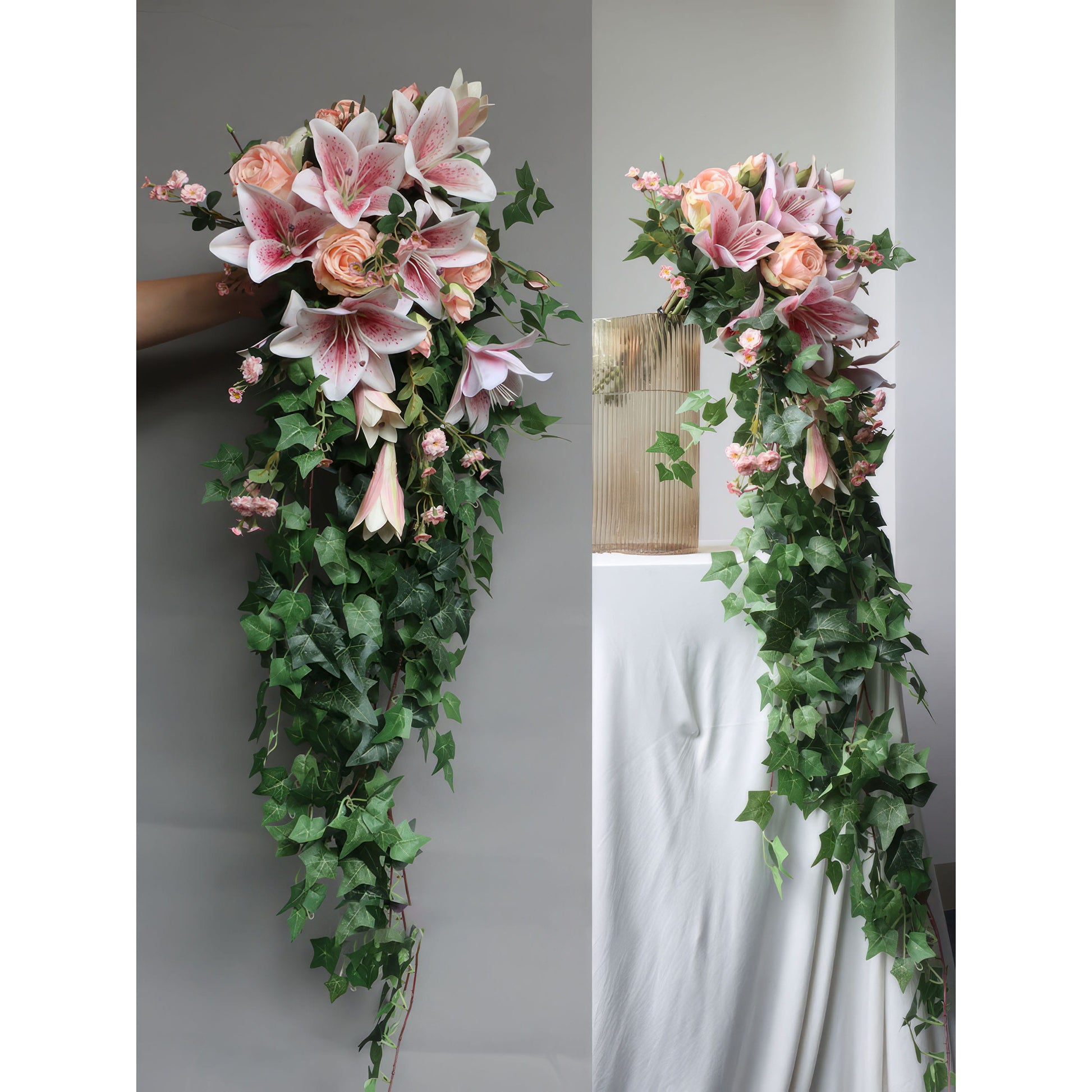 This is a cascading bridal bouquet. It features pink lilies, roses, small pink flowers, and trailing green ivy. The flowing design creates a romantic, natural look, perfect for weddings. Shown in two views—held and in a vase—highlighting its elegant, trailing style. 