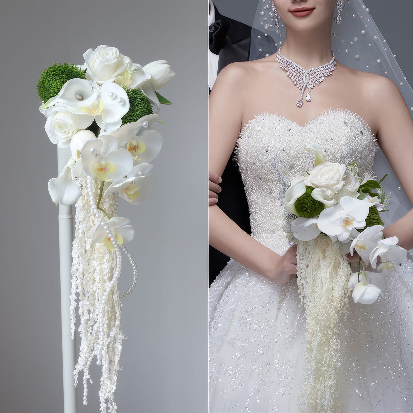 This is an elegant cascading bridal bouquet. It combines white roses, calla lilies, orchids, and green spheres. Trailing pearl - like strands add a romantic touch. Paired with a sparkling wedding dress, it creates a sophisticated and dreamy bridal look, perfect for a memorable wedding. 