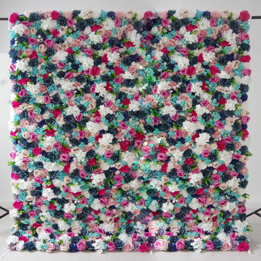 ValarFlowers artificial flower wall backdrop with purple white red blue roses peonies hydrangeas for wedding party event photography decor