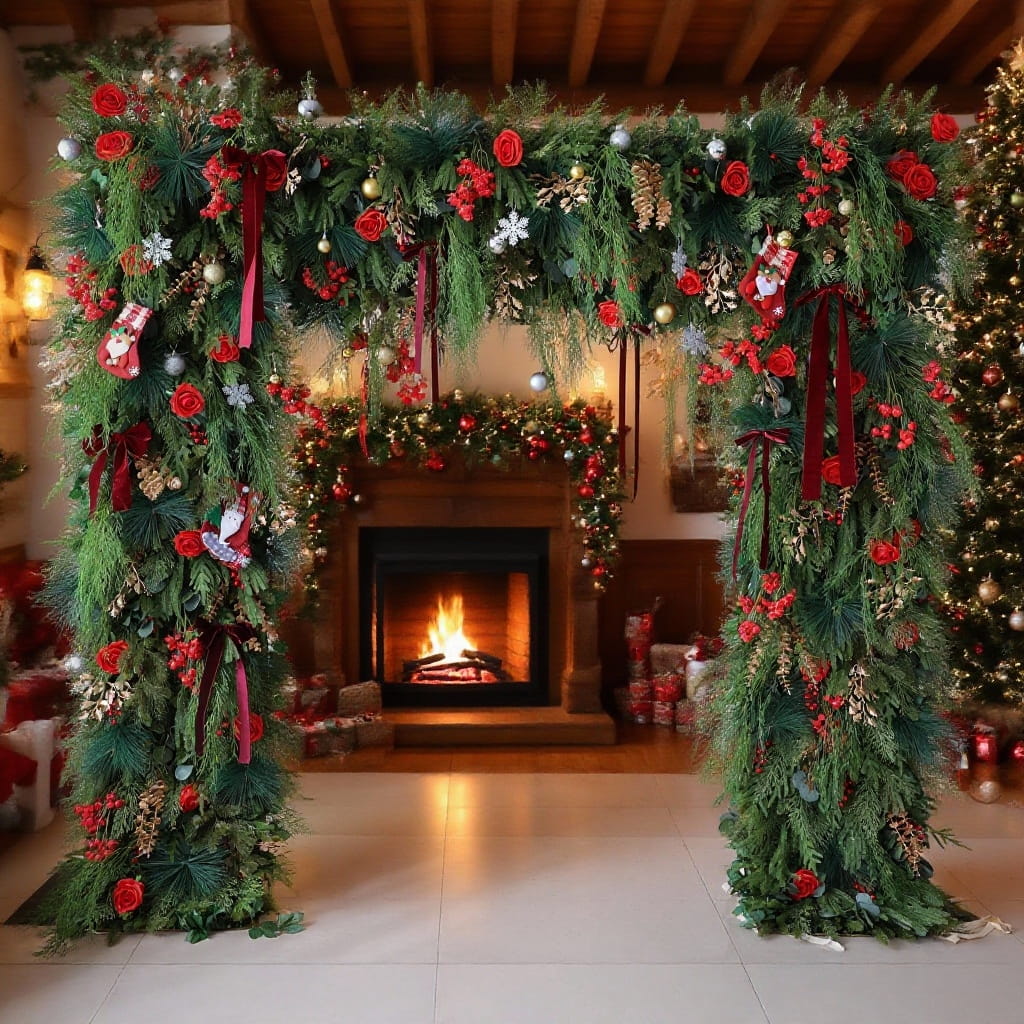 This image presents a festive Christmas scene centered around a lush arch adorned with green foliage, vibrant red roses, berries, and decorations like stockings, ribbons, and baubles. Behind the arch, a fireplace with a roaring fire adds warmth, surrounded by wrapped gifts and a decorated Christmas tree. The wooden ceiling and cozy interior enhance the joyful, holiday atmosphere, perfect for Christmas celebrations.