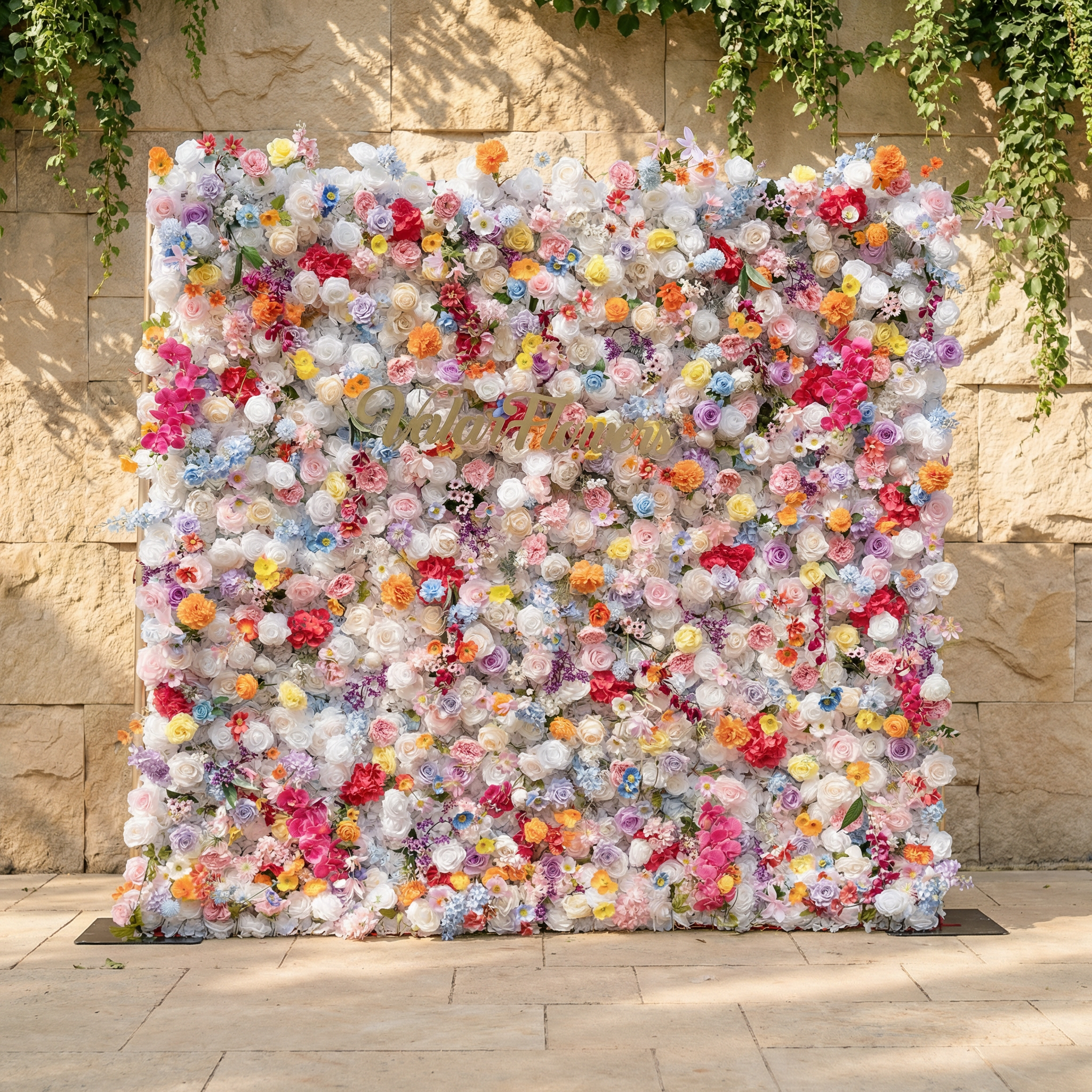 This is a stunning, dense artificial flower wall backdrop from Valar Flowers, bursting with a vibrant, rainbow-hued mix of lifelike blooms. Set against a sunlit stone wall with trailing ivy, it features creamy white roses, soft pink peonies, sunny yellow poppies, vivid orange carnations, sky-blue delphiniums, deep magenta orchids, and delicate filler flowers, creating a lush, romantic focal point perfect for weddings, photo booths, and luxury event decor.