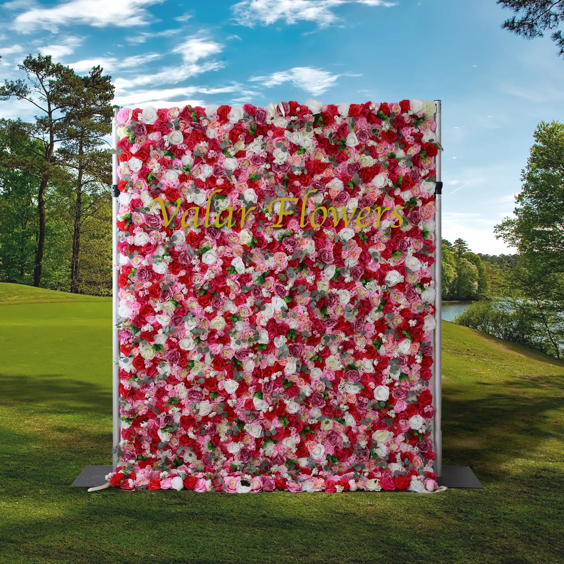 ValarFlowers artificial flower wall backdrop with red and white roses and camo green leaves, luxury wedding party photo booth decor