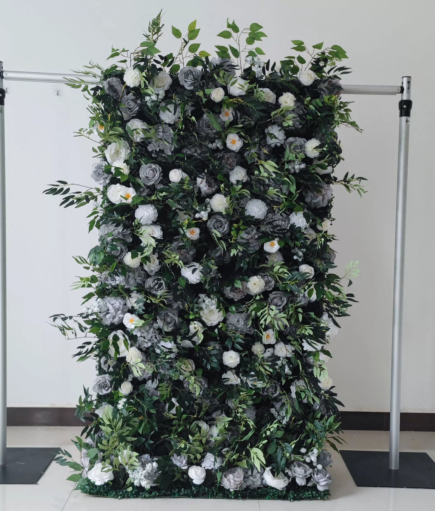 ValarFlowers grey and white artificial flower wall backdrop with roses peonies hydrangeas and greenery, luxury wedding party photo booth decor