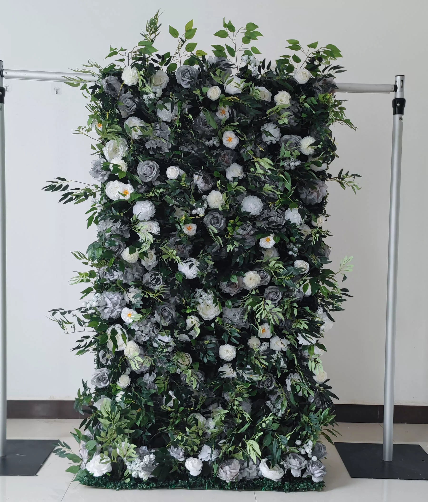 ValarFlowers grey and white artificial flower wall backdrop with roses peonies hydrangeas and greenery, luxury wedding party photo booth decor