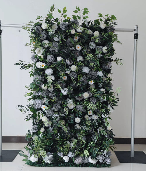 ValarFlowers grey and white artificial flower wall backdrop with roses peonies hydrangeas and greenery, luxury wedding party photo booth decor