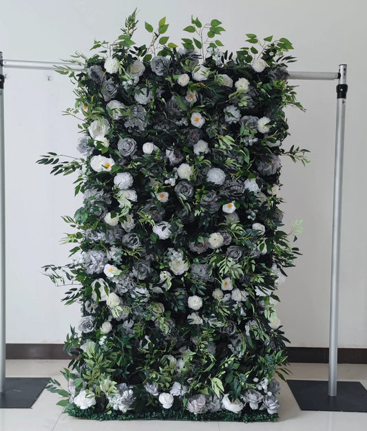 ValarFlowers grey and white artificial flower wall backdrop with roses peonies hydrangeas and greenery, luxury wedding party photo booth decor
