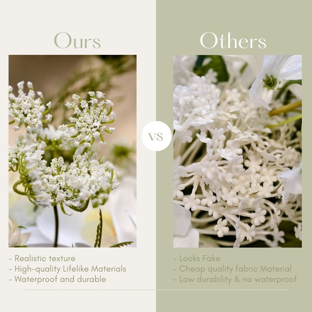 The bouquet contains white flowers, likely baby's breath. The text highlights that the "Ours" bouquet has a realistic texture, made from high - quality, lifelike materials, and is waterproof and durable, contrasting with the inferior "Others".