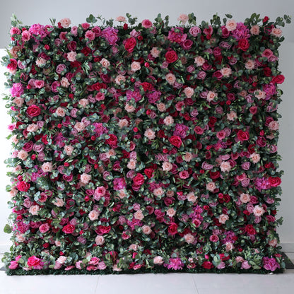 Valar Flowers premium roll-up fabric artificial flower wall backdrop featuring a vibrant mix of silk roses and blossoms, creating a lush, romantic display for weddings, events, and photography.