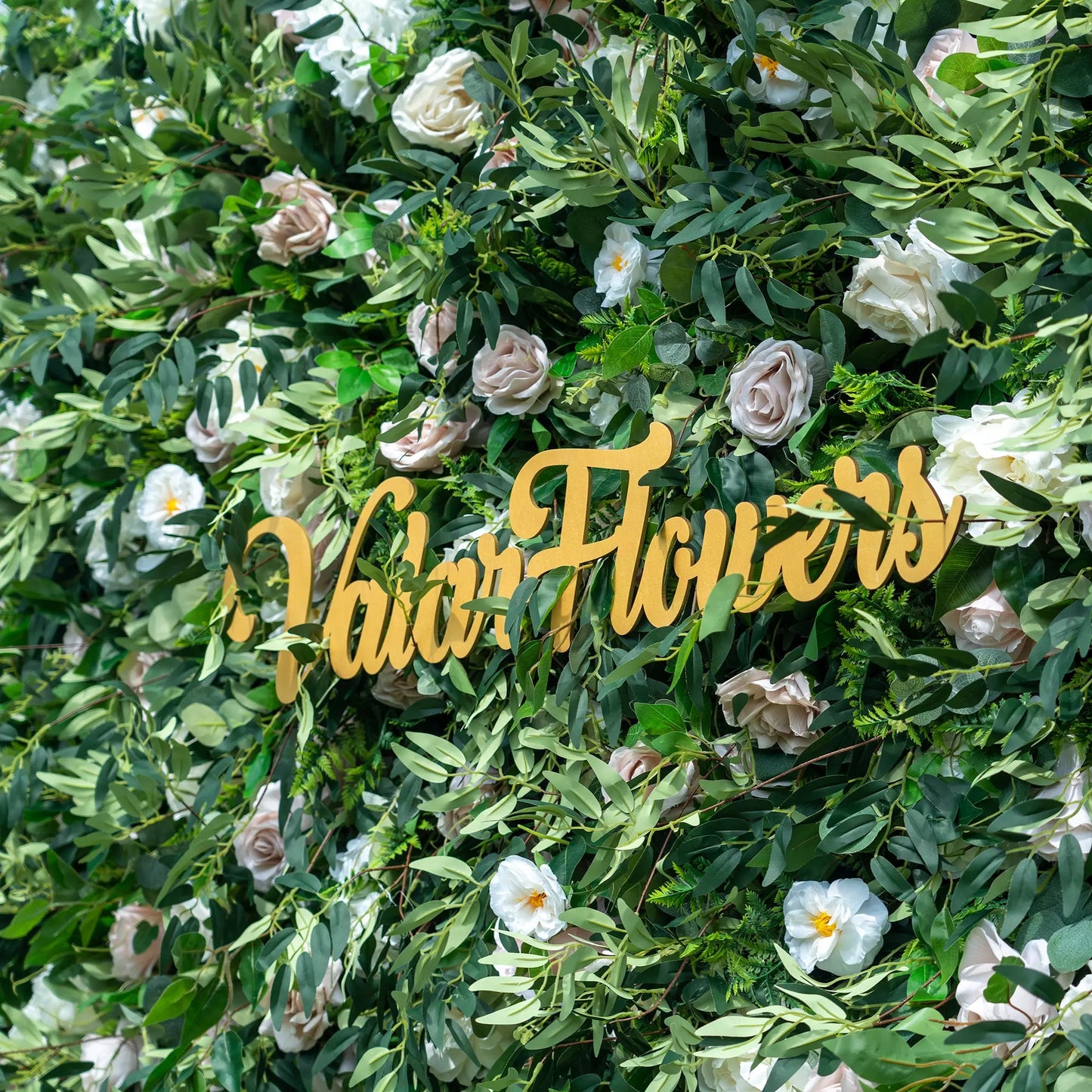 Valar Flowers 3D green lush and deluxe floral wall featuring premium silk roses, artificial ferns, and mixed greenery in rich emerald tones, perfect for garden-themed weddings, events, and stunning photo backdrops.