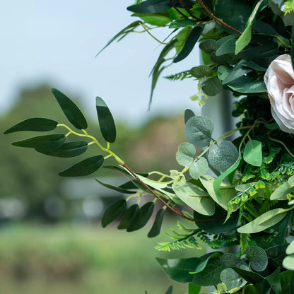 Valar Flowers 3D green lush and deluxe floral wall featuring premium silk roses, artificial ferns, and mixed greenery in rich emerald tones, perfect for garden-themed weddings, events, and stunning photo backdrops.