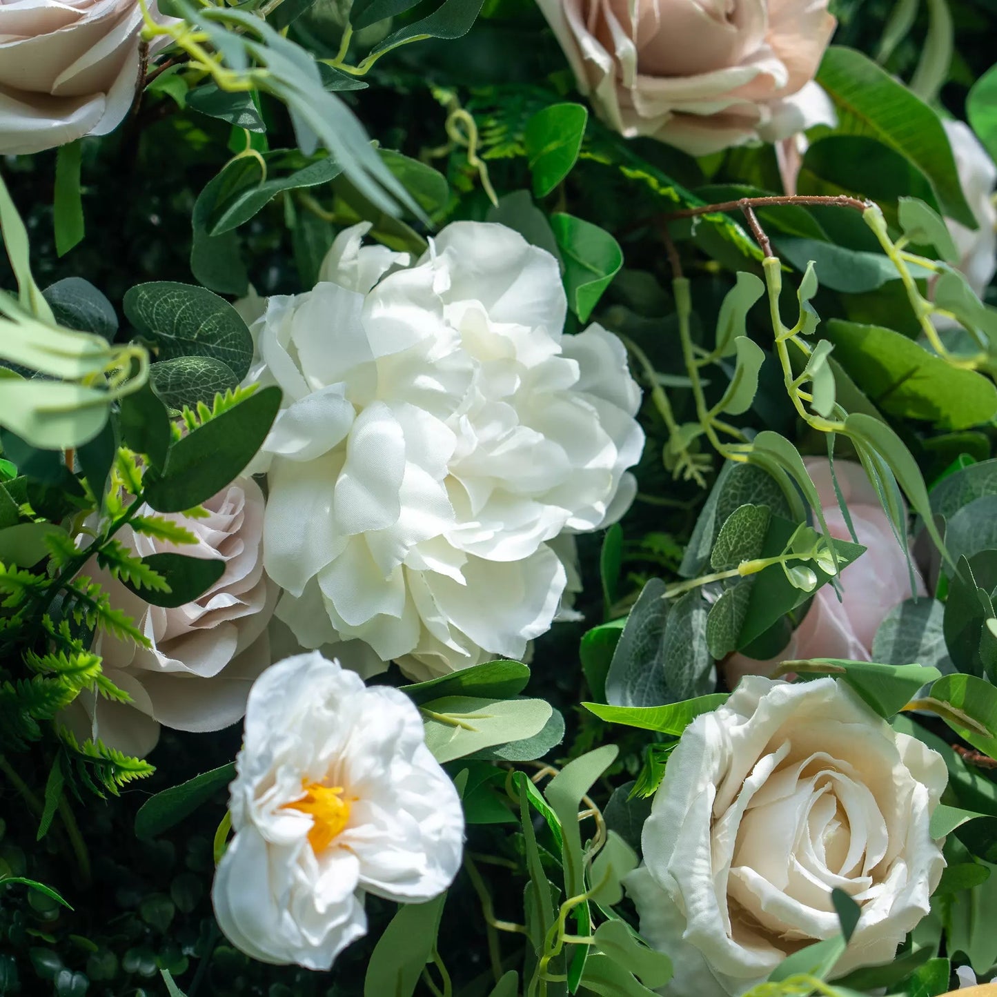 Valar Flowers 3D green lush and deluxe floral wall featuring premium silk roses, artificial ferns, and mixed greenery in rich emerald tones, perfect for garden-themed weddings, events, and stunning photo backdrops.