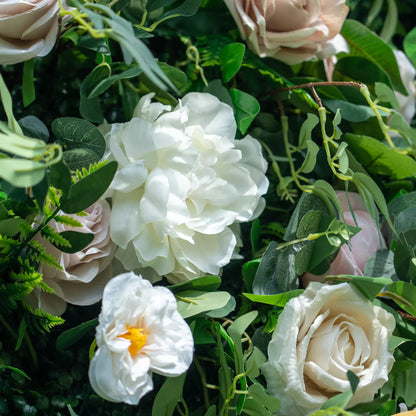 Valar Flowers 3D green lush and deluxe floral wall featuring premium silk roses, artificial ferns, and mixed greenery in rich emerald tones, perfect for garden-themed weddings, events, and stunning photo backdrops.