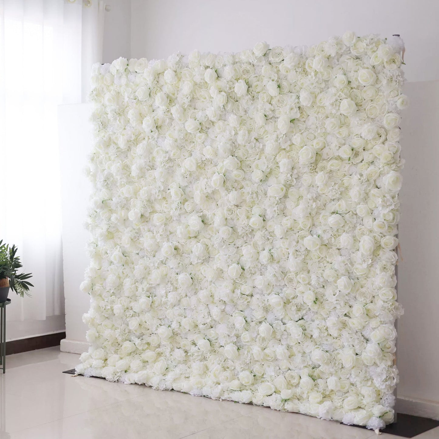 Valar Flowers artificial flower wall backdrop featuring white roses and blooms. This dense, elegant floral display is perfect for weddings, events, and photography backdrops, adding sophistication to any celebration.