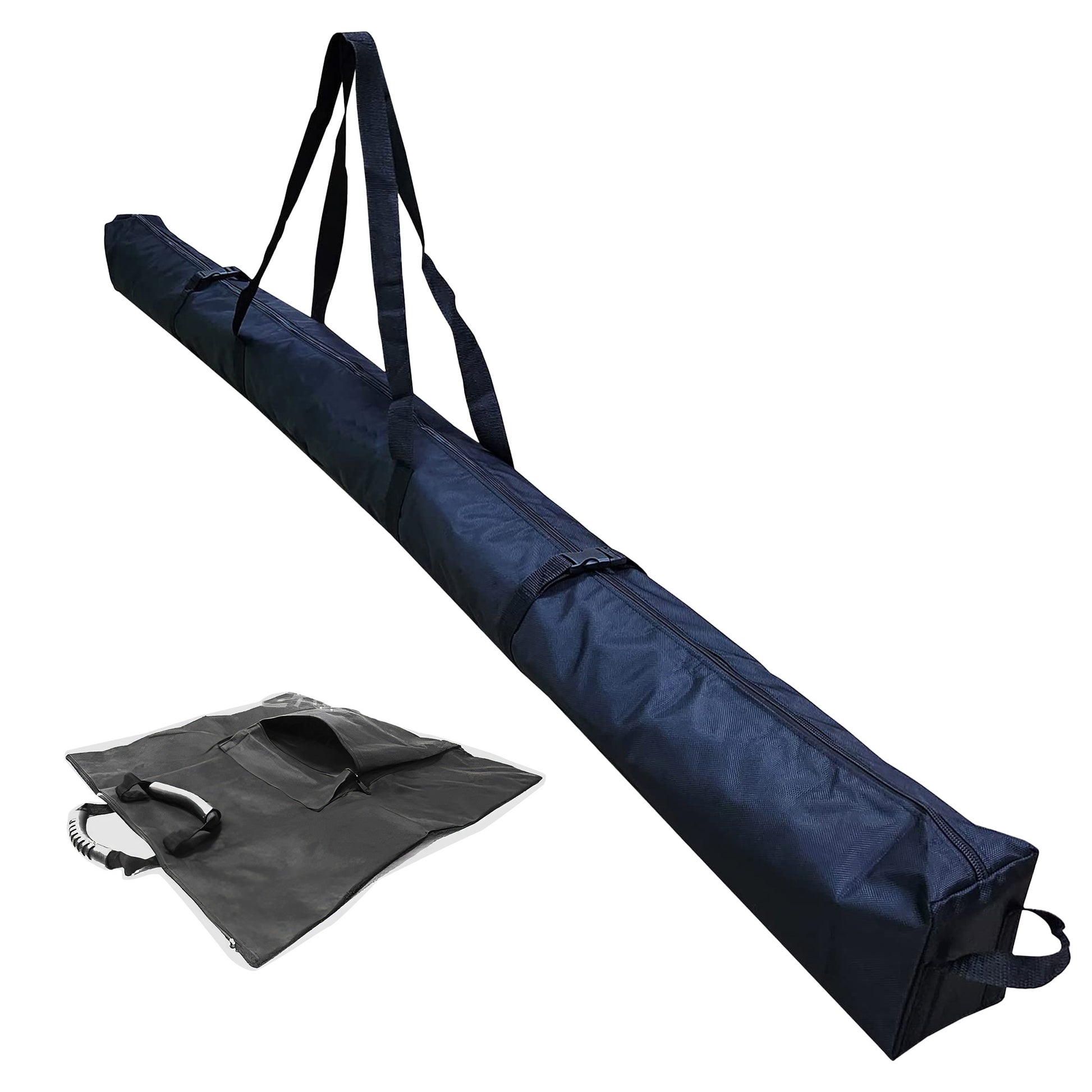 The image shows a long, navy - blue carrying bag with handles and a zipper, likely for transporting poles or similar items. Beside it is a smaller, black - and - clear accessory bag with a handle. 